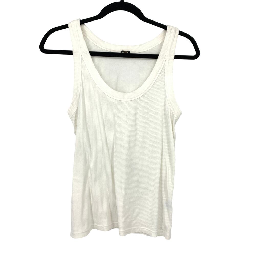 MONROW Top Womens Small White Vertical Ribbed Deep Scoop Neck Wide Straps